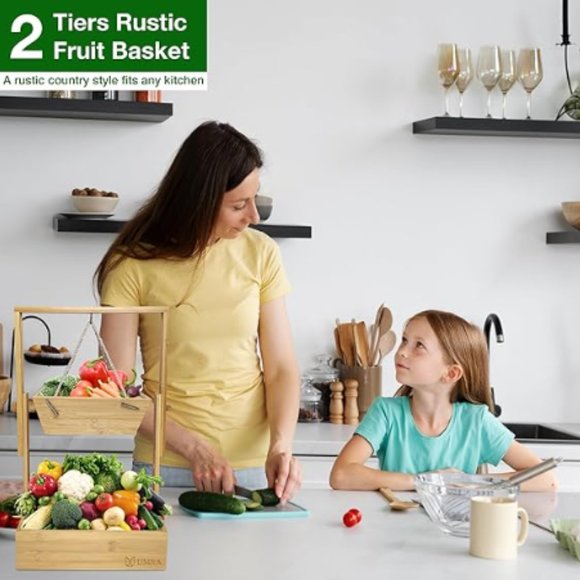 2-Tier Hanging Wooden Fruit Basket & Veggie Stand w/ Adjustable Height - Picture 6 of 10